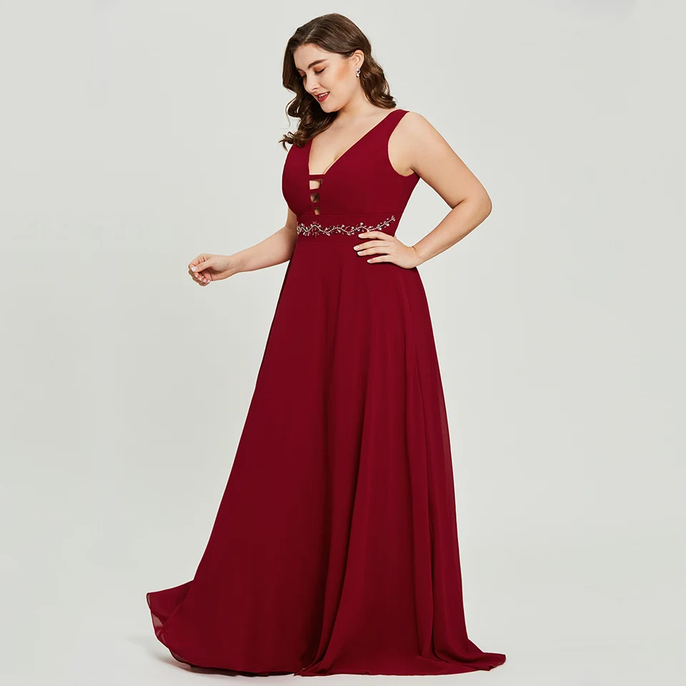 Dressv burgundy plus size long evening dress cheap v neck zipper up beading wedding party formal dress a line evening dresses