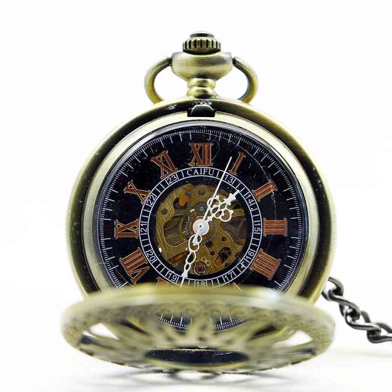 Antique Sunflower Skull Mechanical Pocket Watch Vintage Steampunk Manual Chain Necklace Pendant Accessory Clock Gift