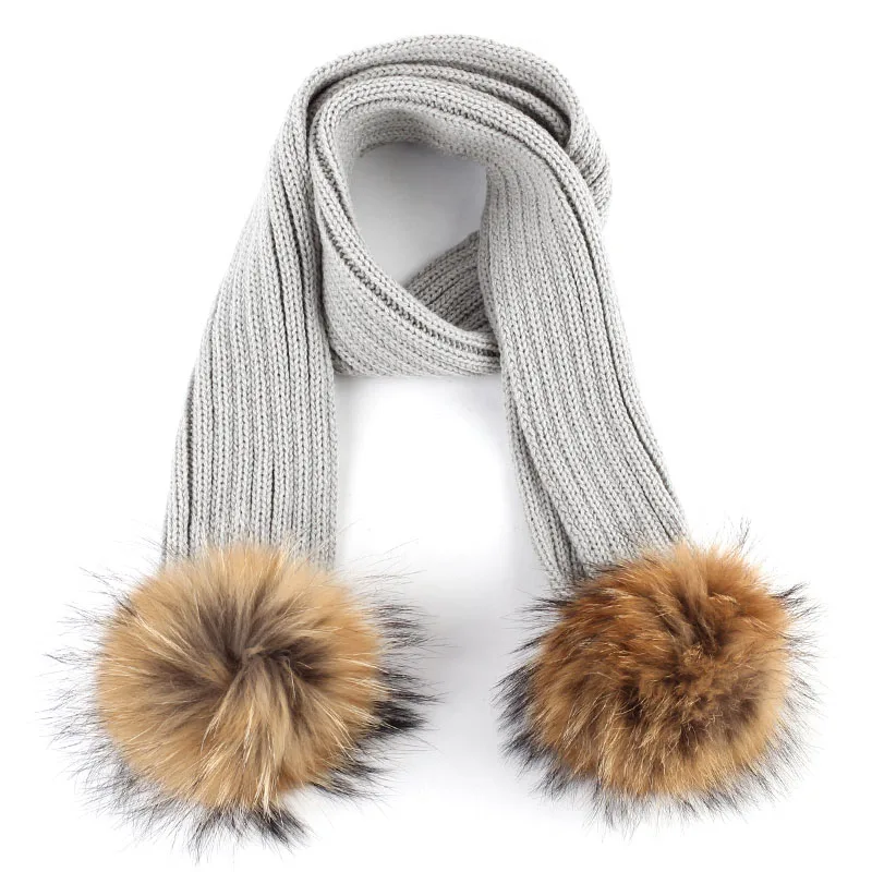 Light Grey A Geebro Kids Knitted Scarf With Double Raccoon Fur Pompom Boys and Girls Cashmere Plain Shawl Wrap Winter Warm Accessories DQ867 - Цвет: Light Grey A