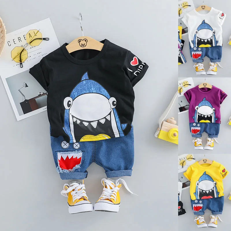 

2019 Fashion Summer 2PCS Toddler Baby Kids Boys Cartoon Shark Tops Short Pants Casual Outfits Set