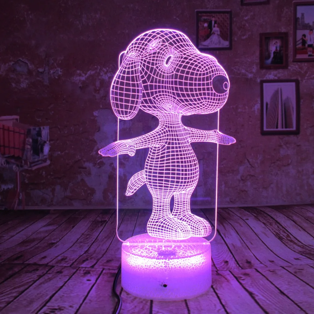 Snoopy, 3D лампа, Ночной светильник, сенсорные настольные лампы, 7 цветов, меняющий светильник s с акриловым плоским и ABS основанием и зарядным устройством USB