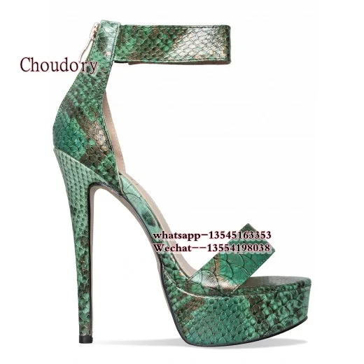 Женские свадебные туфли на каблуке зеленые платформе со змеиным принтом черные
