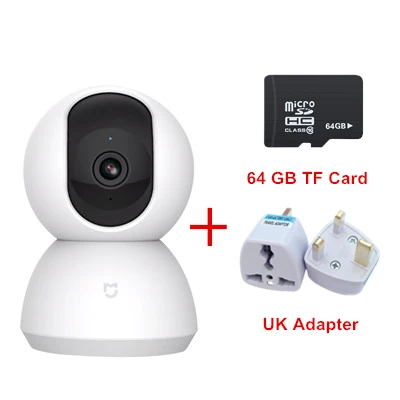 UK Adapter And 64GB Оригинальная Xiaomi mi jia умная домашняя камера безопасности 1080P HD 360 градусов камера ночного видения IP камера Wi-Fi для управления приложением mi Home - Цвет: UK Adapter And 64GB