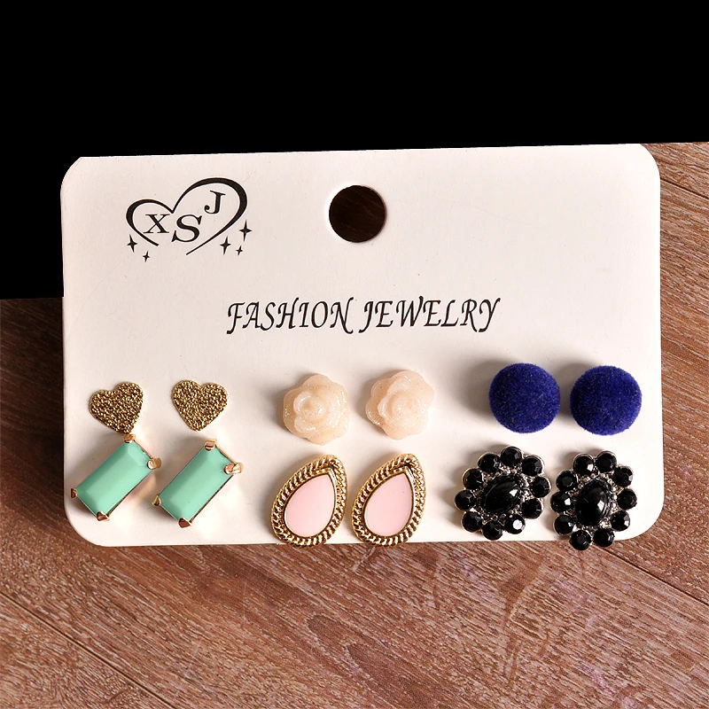 Серьги-гвоздики женские зеленые/розовые/черные 6 парций/компл. | Украшения и