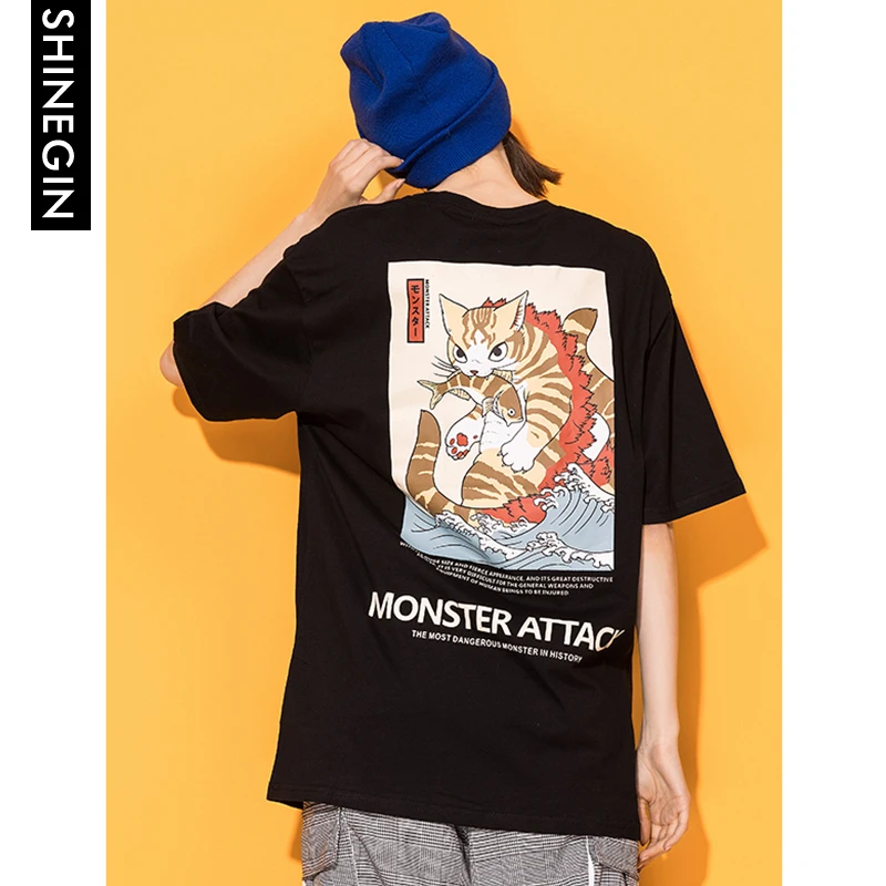 SHINEGIN Ukiyo E Cat Футболка Monster Attack для мужчин письмо футболка уличная 2019 Harajuku Хип Хоп