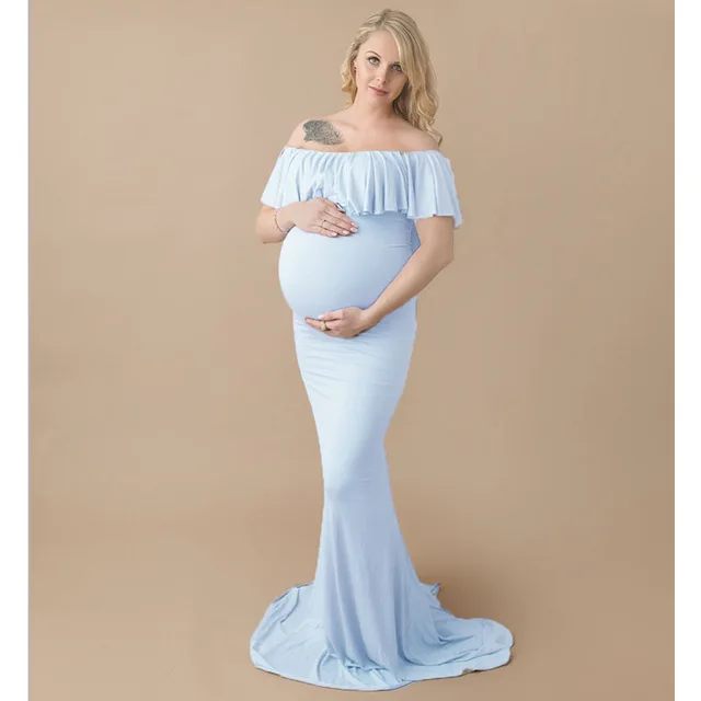 Sky blue Платья для беременных, для фотосессии, с открытыми плечами, однотонные, для беременных, для фотосессии, для беременных, платье для фотосессии, макси-платье, S-2XL - Цвет: Sky blue