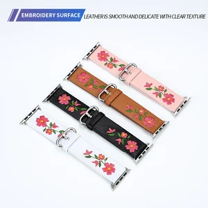 Ремешок из натуральной кожи для Apple Watch 38 мм, 42 мм, с вышивкой в виде красного цветка, сменный Браслет для iwatch 1, 2, 3