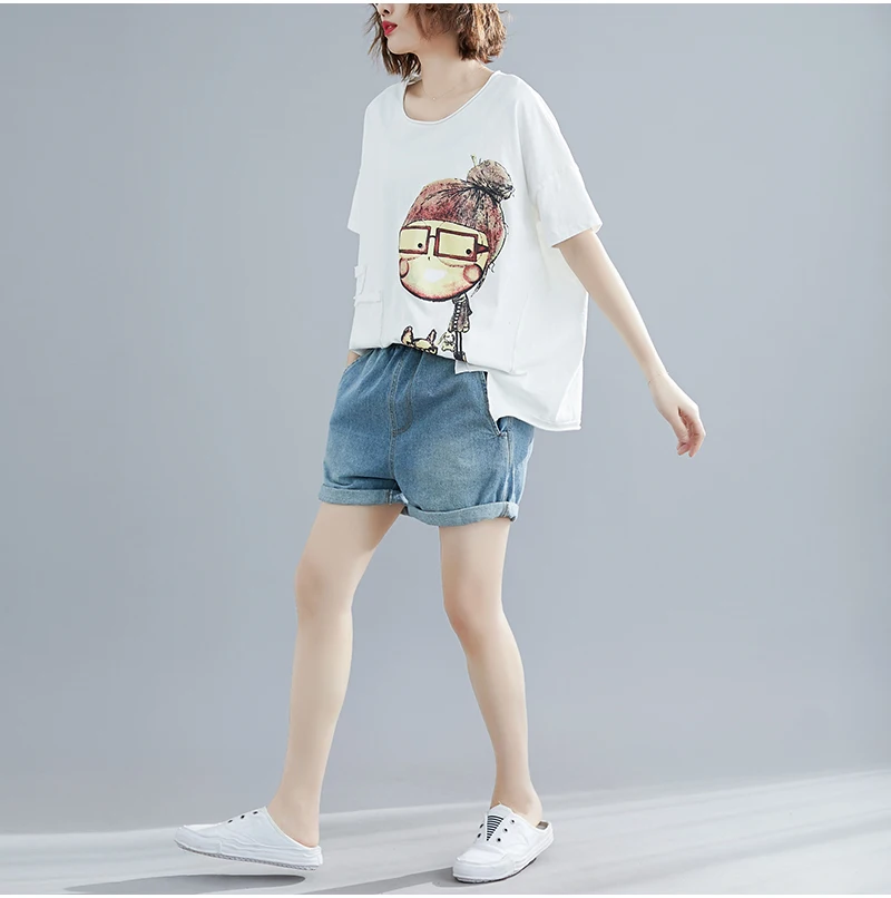 Big Size Summer Style T-shirt Women Cartoon Print Cute Female Large Korean Loose Fashion O-neck White Tops&amptees | Женская одежда