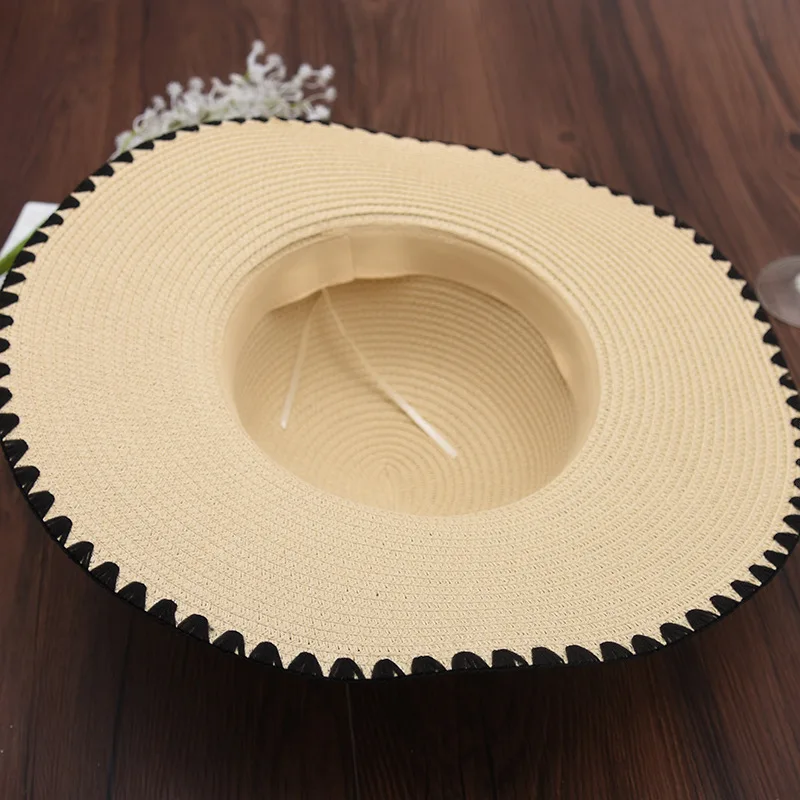 2018 Women Summer Sun Hats Ladies Black Embroidery Wide Brim Straw Outdoor Beach Lace-up Bow Panama Bone Feminino | Аксессуары для