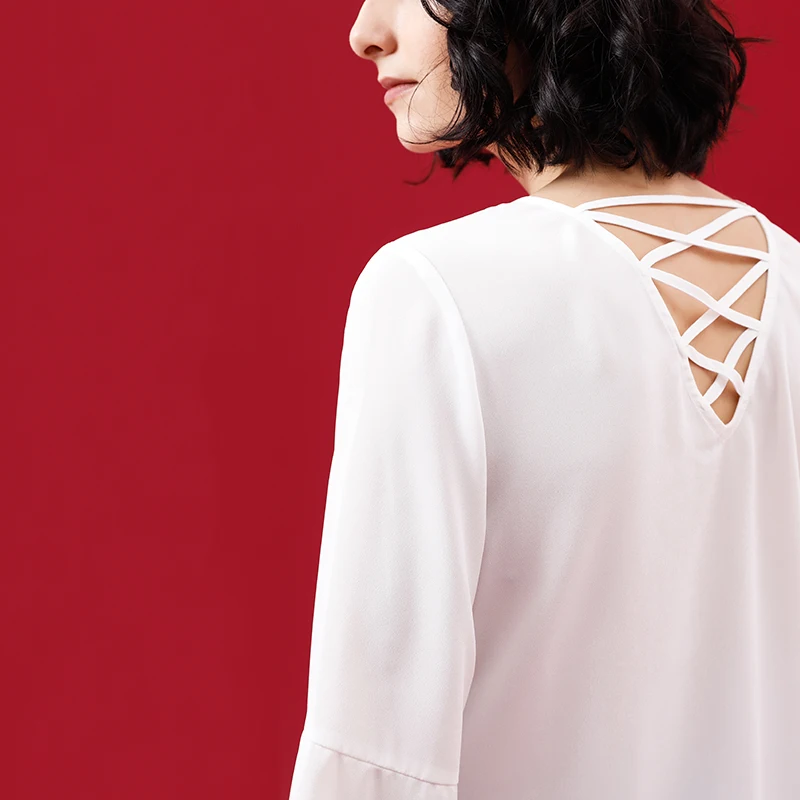 Toyouth Women Tops And Blouses Lace Up Chiffon Shirts Female Three Quarter Split Sleeve V neck White Blouse Elegant Clothing |