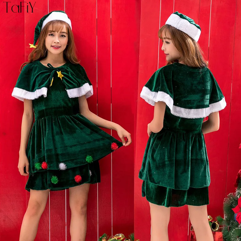 

TaFiY Women Christmas Tree Green Dress With Cloak Sexy Christmas Costumes For Adults Uniform Xmas Cosplay Costume One Size