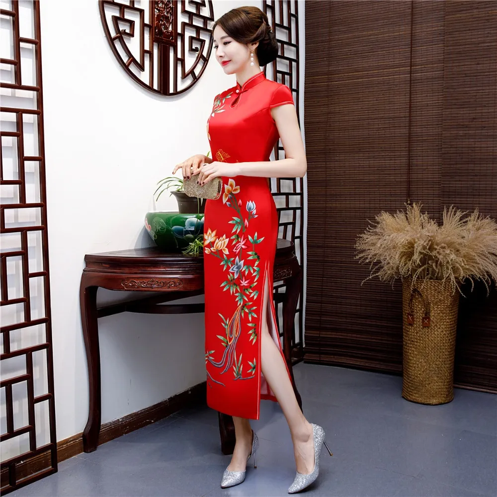 Шанхай история искусственного шелка Qipao Платье длинное Cheongsam национальный тренд платья короткий рукав тонкий Традиционный китайский платье для женщин