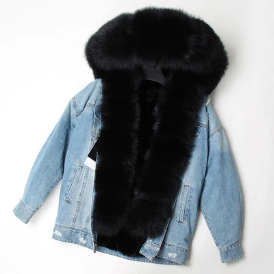 fox black fur OFTBUY пальто с натуральным мехом зимняя куртка Женское пальто воротник из натурального Лисьего меха Джинсовая Куртка парка уличная верхняя одежда новая мода ins - Цвет: fox black fur