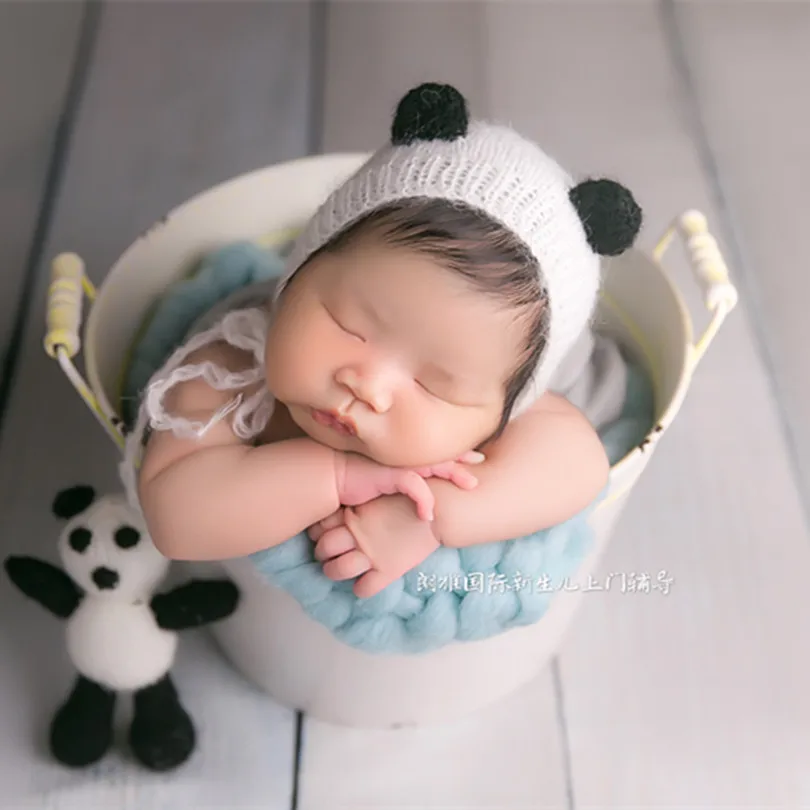 Crochet Cute Panda Hat Stuffed Toy Neutral Animal Bonnet Kitted Newborn Props Baby Boy Girl Shower Gift Photo | Детская одежда и