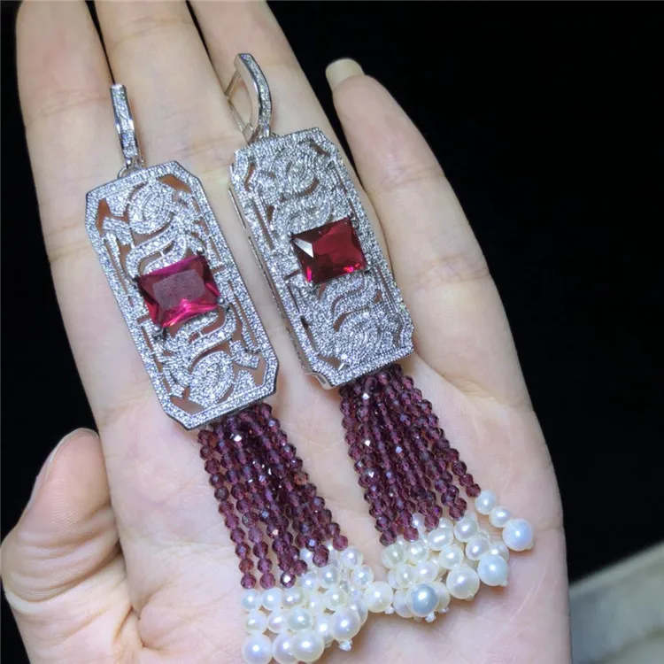freshwater pearl white and red garnet 3mm round faceted earrings + zircon hook FPPJ wholesale beads nature | Украшения и