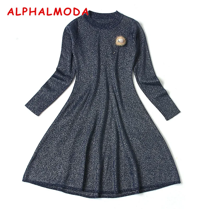 Женское трикотажное платье ALPHALMODA с длинным рукавом реальное блестящее для