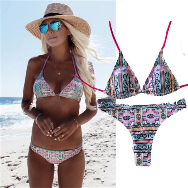 Винтажный цветочный мини комплект бикини Женский богемный розовый купальник с