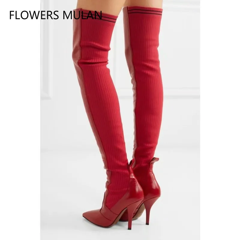 Женские сапоги выше колена с острым носком красные вязаные из овечьей кожи на