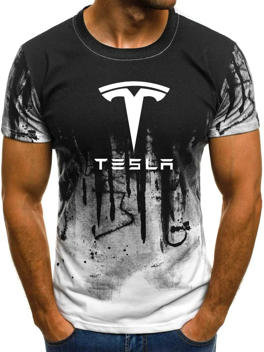 Мужская футболка с коротким рукавом и логотипом Tesla Car, летняя повседневная хлопковая Футболка с градиентом, модная футболка в стиле хип-хоп Harajuku, Мужская брендовая футболка - Цвет: 801