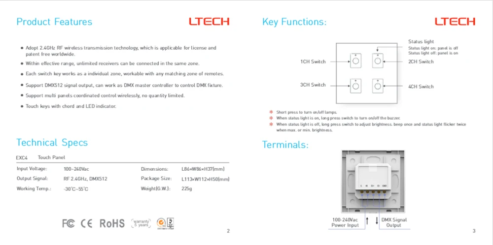 LTECH 110 V-220 V AC EXC4 настенное крепление DMX 2 4 GHZ RF затемнение панель зоны для