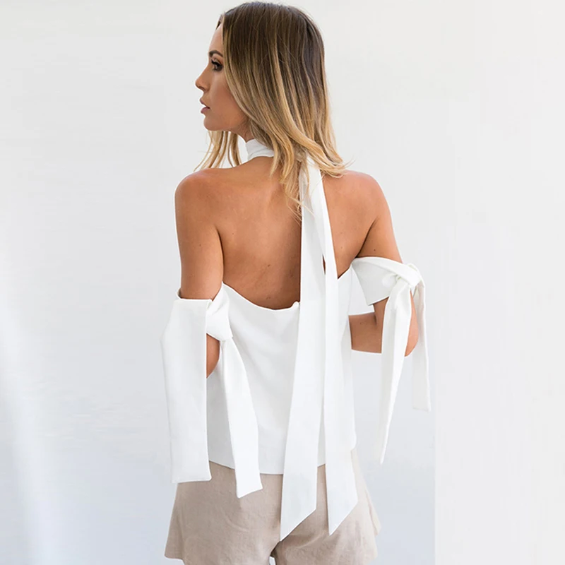2017 Холтер с плеча рубашки женские топы Sexy спинки Лето Топы Кружево рукав blusas