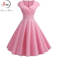 pink summer dress women v neck big swing vintage dress robe femme elegant retro pin up party office midi dresses plus size