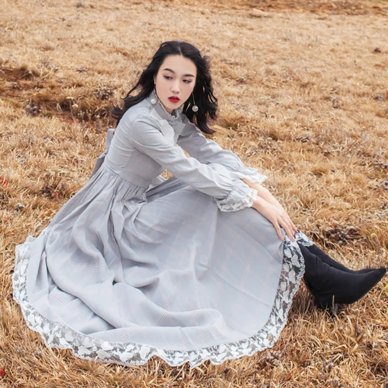 Preppy Style Stand Collar Slim Dress Long Sleeve Art Elegant Splicing Mid-length Fairy Fashion Party Dresses | Женская одежда