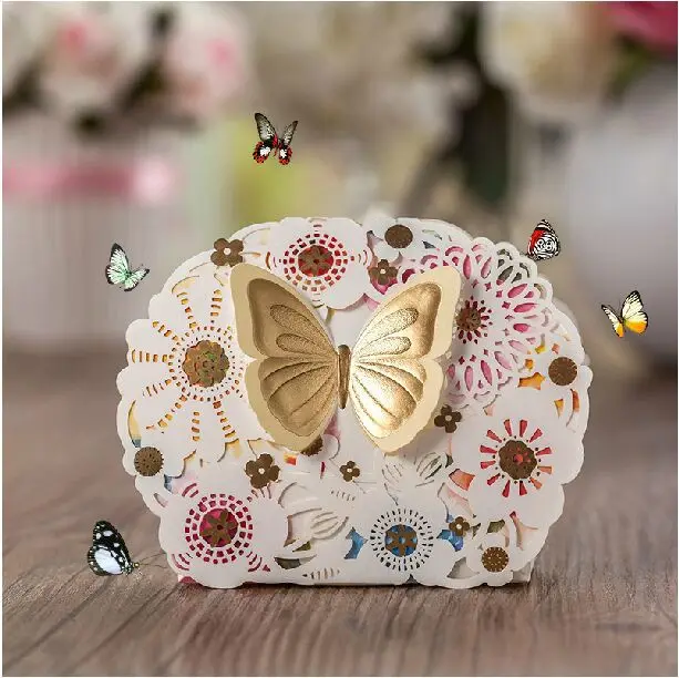 50 шт./лот Сладкий Свадебный Коробки Лазерной Резки бабочка коробки конфет