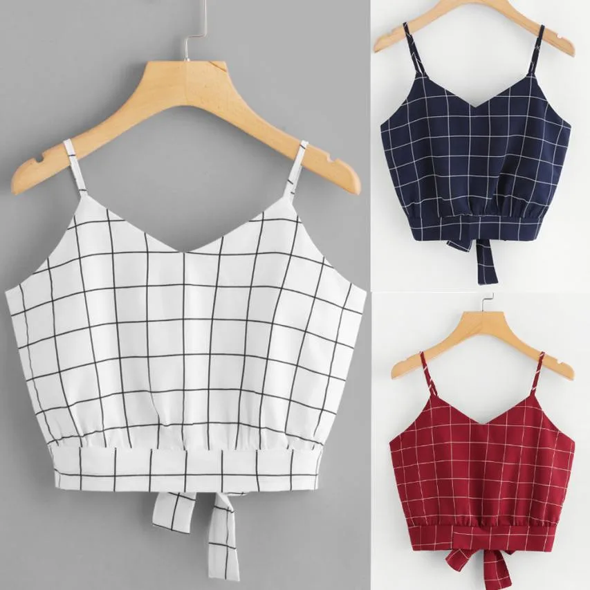 Женская клетчатая кофта с V-образным вырезом и завязкой на спине укороченный топ