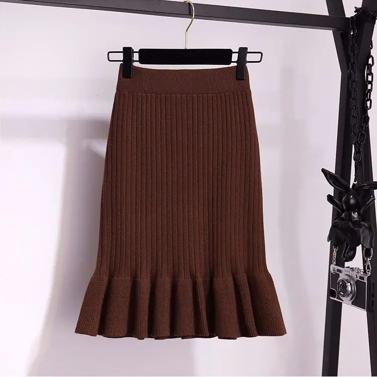 Vangull Women long sweater skirt Winter female ruffle midi pleated skirts maxi knitted high waist warm elegant Saias Jupe Femme - Цвет: Brown for 50cm
