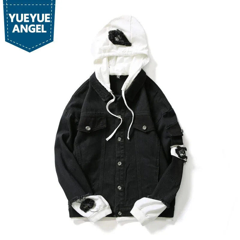 Брендовая Новинка приталенные мужские джинсы с капюшоном в стиле пэчворк пальто