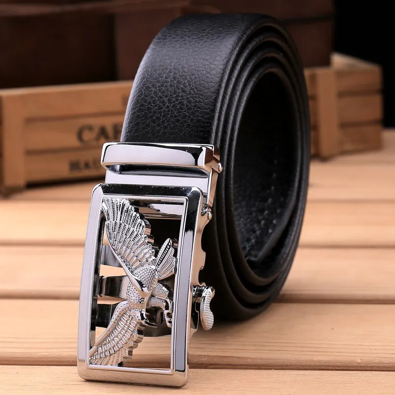 silver black Новинка, Орел, ремни для мужчин, мужские ремни, роскошная Автоматическая пряжка, микрофибра, кожа, черный, коричневый цвет, 160 см, 170, 180, 150, 140, большой размер - Цвет: silver black