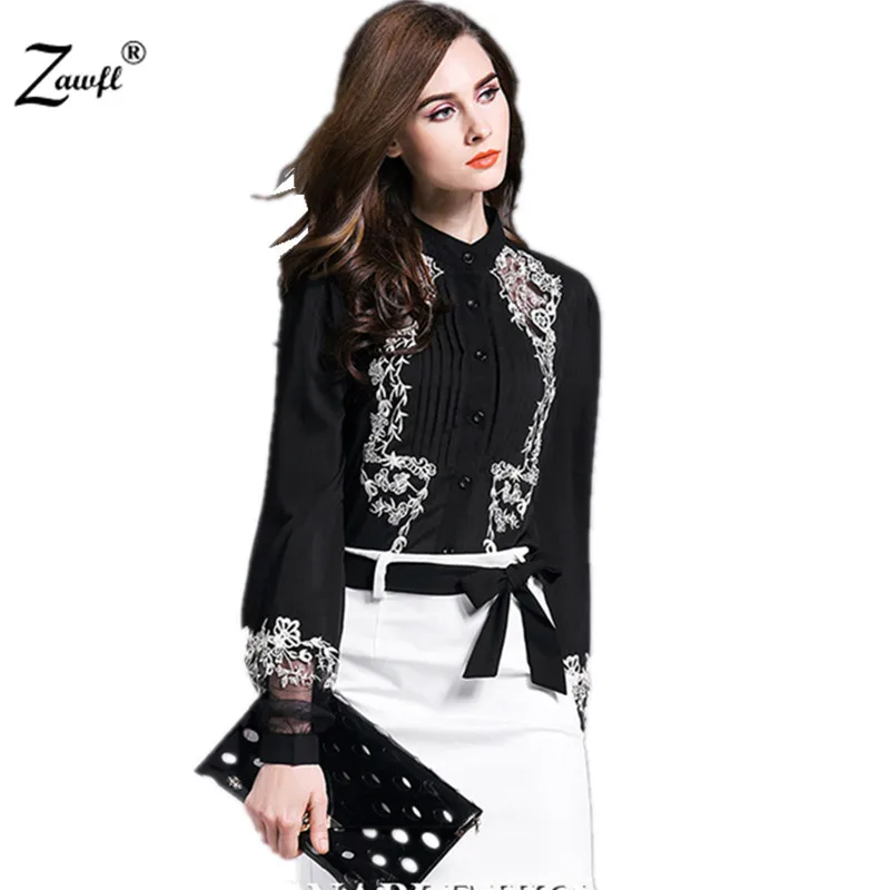 

ZAWFL HIGH QUALITY Newest Fashion 2021 Runway Designer Shirt Women's Lantern Sleeve Gauze Patchwork Embroidery Black Blouse