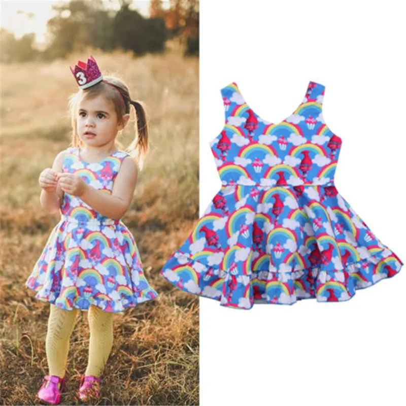 Sleeveless Toddler Infant Kids Happy Baby Girl Clothes Cotton Trolls Poppy Tutu Dress Birthday Party Gown 1-6Y | Детская одежда и