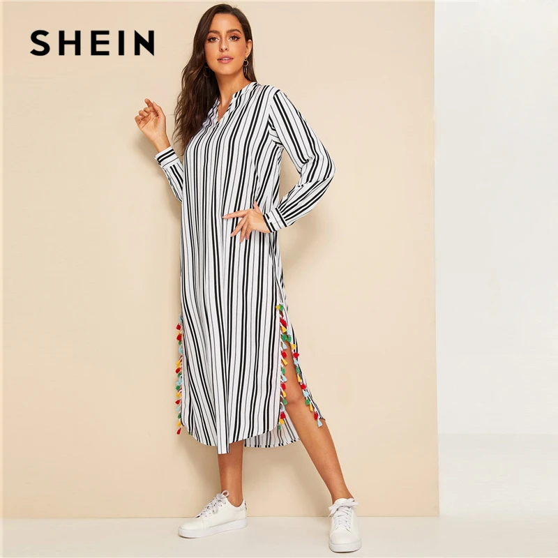 SHEIN Платье-туника в полоску с v-образным вырезом и кисточками сбоку, женское платье с длинным рукавом на весну и осень, черно-белое платье с v-образным вырезом