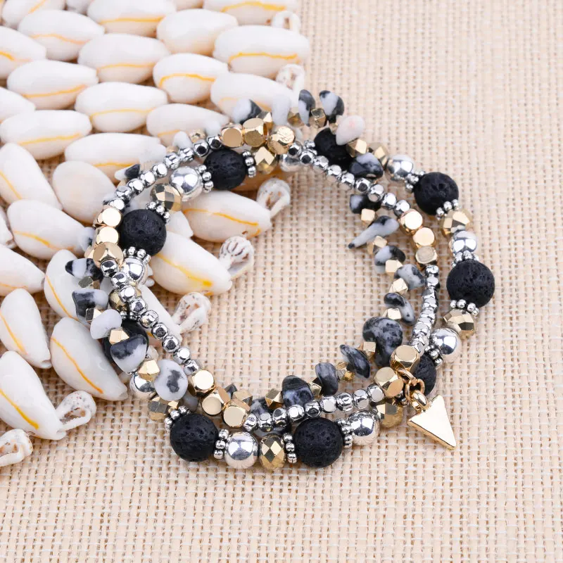 3 шт./компл. женские браслеты Серебристые пластиковые бусины черный Лава Рок