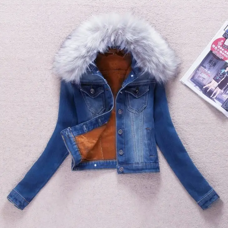 Джинсовая куртка, женская зимняя хлопковая парка с меховым воротником, базовый джинсовый Бомбер, пальто для женщин, Корейская верхняя одежда, повседневная одежда размера плюс 4XL, Chaqueta LL - Цвет: Grey Collar
