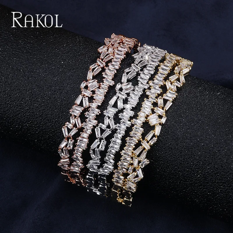 RAKOL модный дизайн проложенный кластер колонны с розовым золотом цвет сверкающие браслеты для женщин белое золотистое, с разрезом браслеты