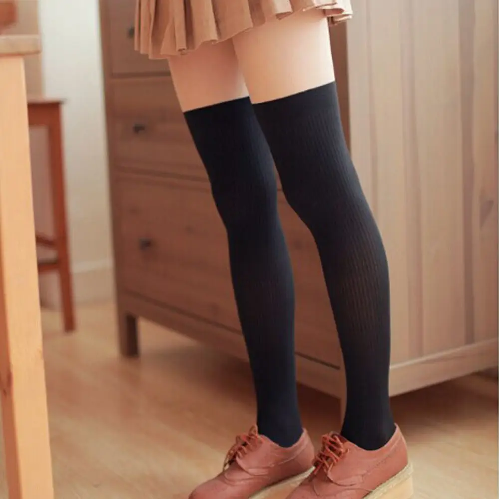 Корейские колготки до колен тонкие черные Лоскутные шелковые в Вертикальную