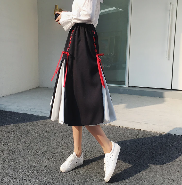 Летние женские винтажные шифоновые юбки средней длины, новинка, Harajuku, шикарная, для девушек, эластичная, с высокой талией, для женщин, уличная, с перекрестной повязкой, с бантом, плиссированная юбка