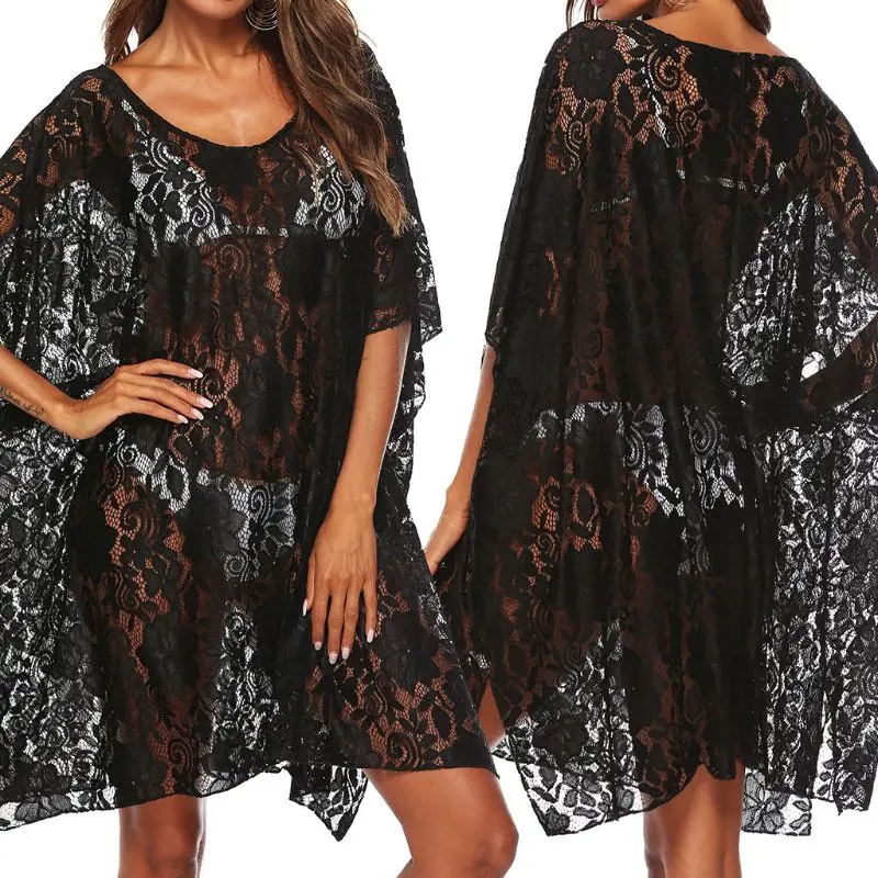 Womens 3/4 Batwing Sleeves Oversized Bikini Cover Up Hollow Sheer Floral Lace Beach Dress Sexy Deep V-Neck Side Slit Tunic Tops |