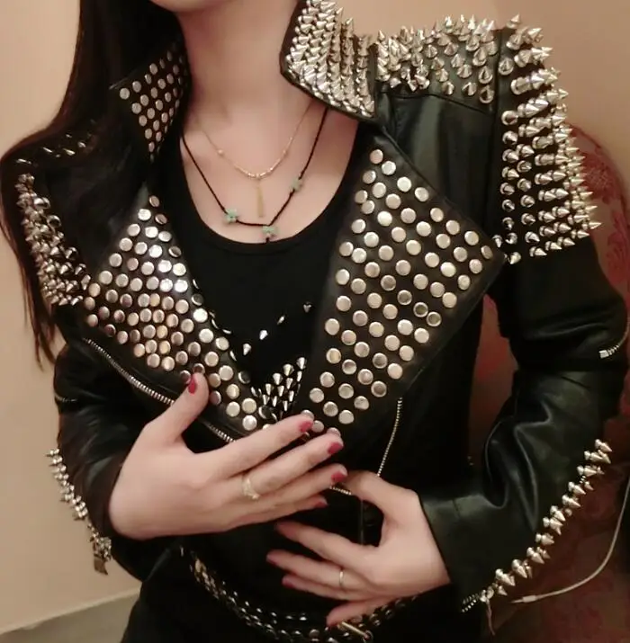 

High-end women's jacket heavy metal rivet slim slimming locomotive PU leather wash imitation sheepskin leather women's