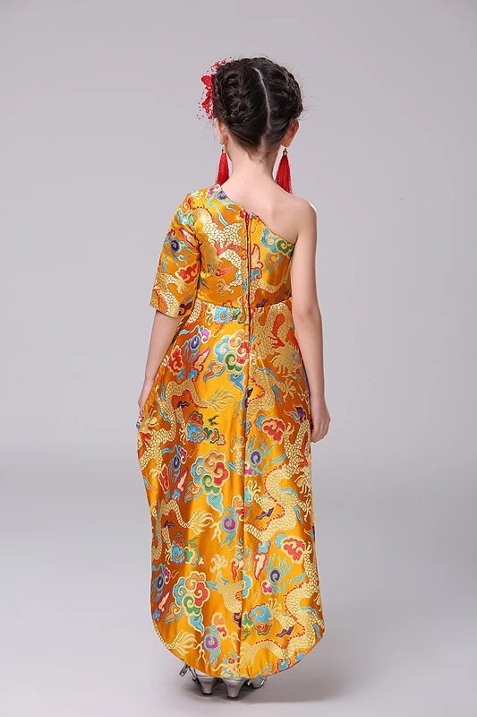 Китайские традиционные дети Cheongsam девушки детей желтый со шлейфом принцесса цветы Qipao на день рождения и свадьбу Oriental Платья для вечеринок