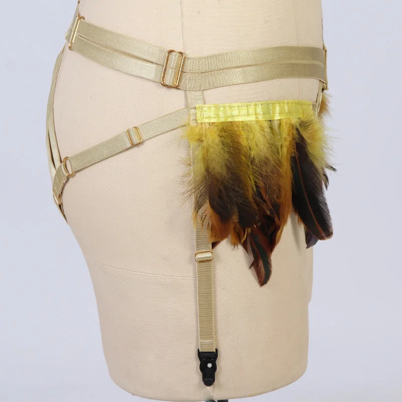 Золотой цвет стринги сексуальное женское белье перо клип чулки подвязка ремень