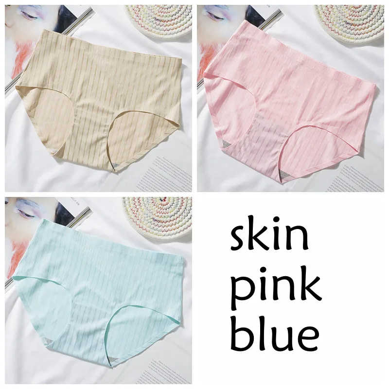 skin pink blue SP& CITY, 3 шт., Полосатое бесшовное нижнее белье для женщин, ледяной шелк, сексуальные менструальные трусики, набор, средняя талия, хлопковые трусы, женское нижнее белье - Color: skin pink blue