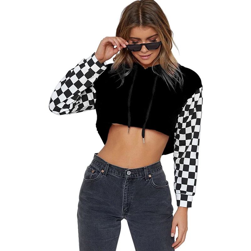 

autumn casual loose women hooded hoodies streetwear short sweatshirt female black white plaid short pullovers hoodies 81737