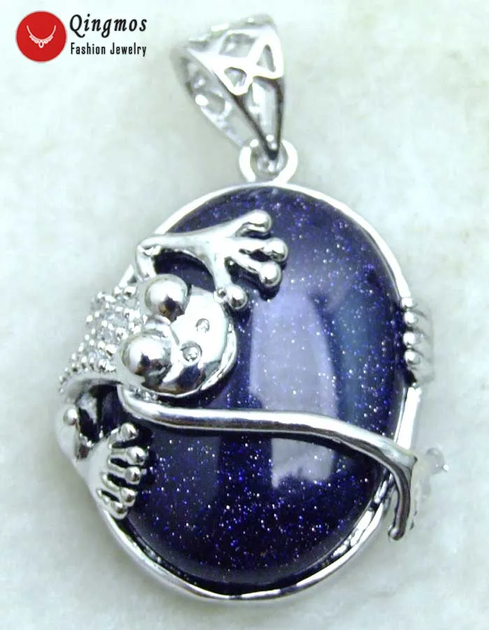 

Qingmos Trendy 25*20mm Crawl Frog Design Pendant for Women with Oval Blue Flash Agates Natural Stone Pendant Fine Jewelry pen252