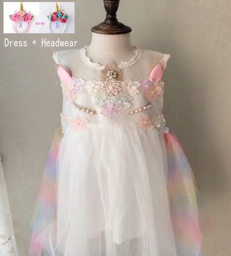 Unicorn N-White Surferfish/платье для девочек с единорогом; платье принцессы с вышивкой радуги; Вечерние платья на свадьбу, День рождения; платье на день Святого Валентина; костюм - Цвет: Unicorn N-White