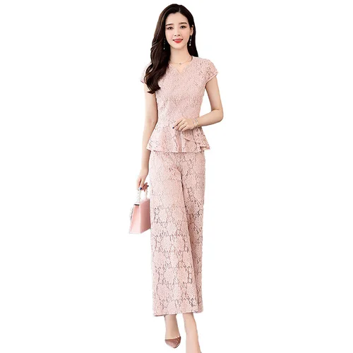 

Summer 2019 Femme Fashion Lace Two Piece Set Casual Brief V Neck 2 Pcs Set Pocket Korean Wide Leg Pants Women Sets Clothes