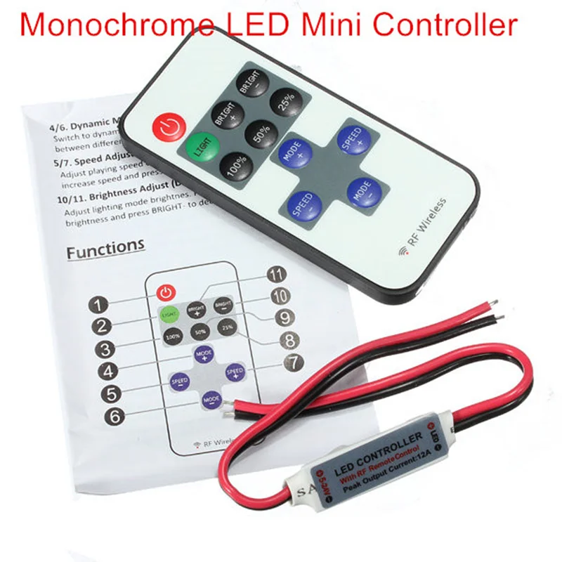 

1Pcs Mini Wireless RF Single Color LED Dimmer DC 5V 12V 24v 11Key Remote Controller For LED Strip 5050 3528 2835 5630 Control